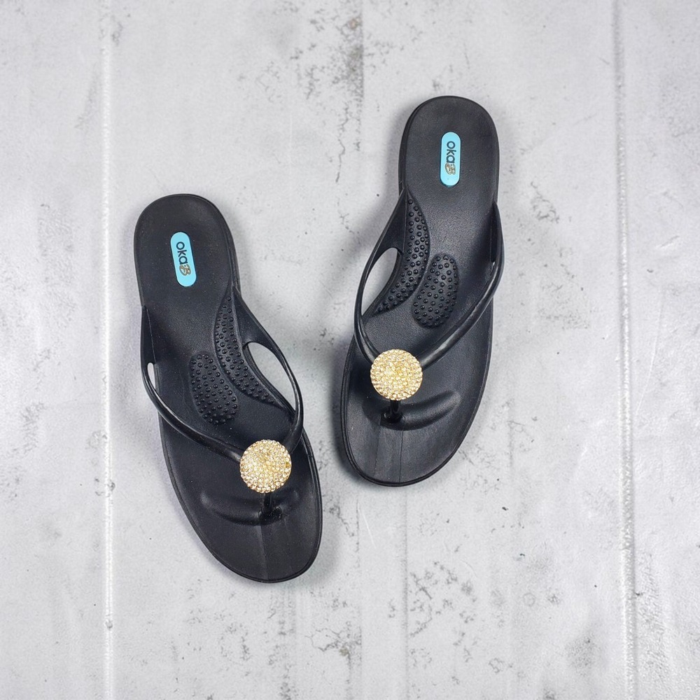 Oka-B Black Rhinestone Medallion Thong Sandals Flip Flops Womens Size Large L